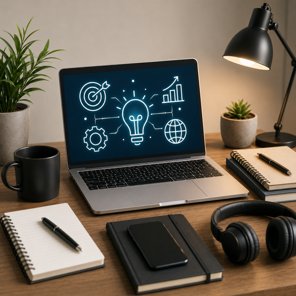 Modern freelancer workspace with a laptop and productivity tools representing guides, resources and practical freelancing advice.