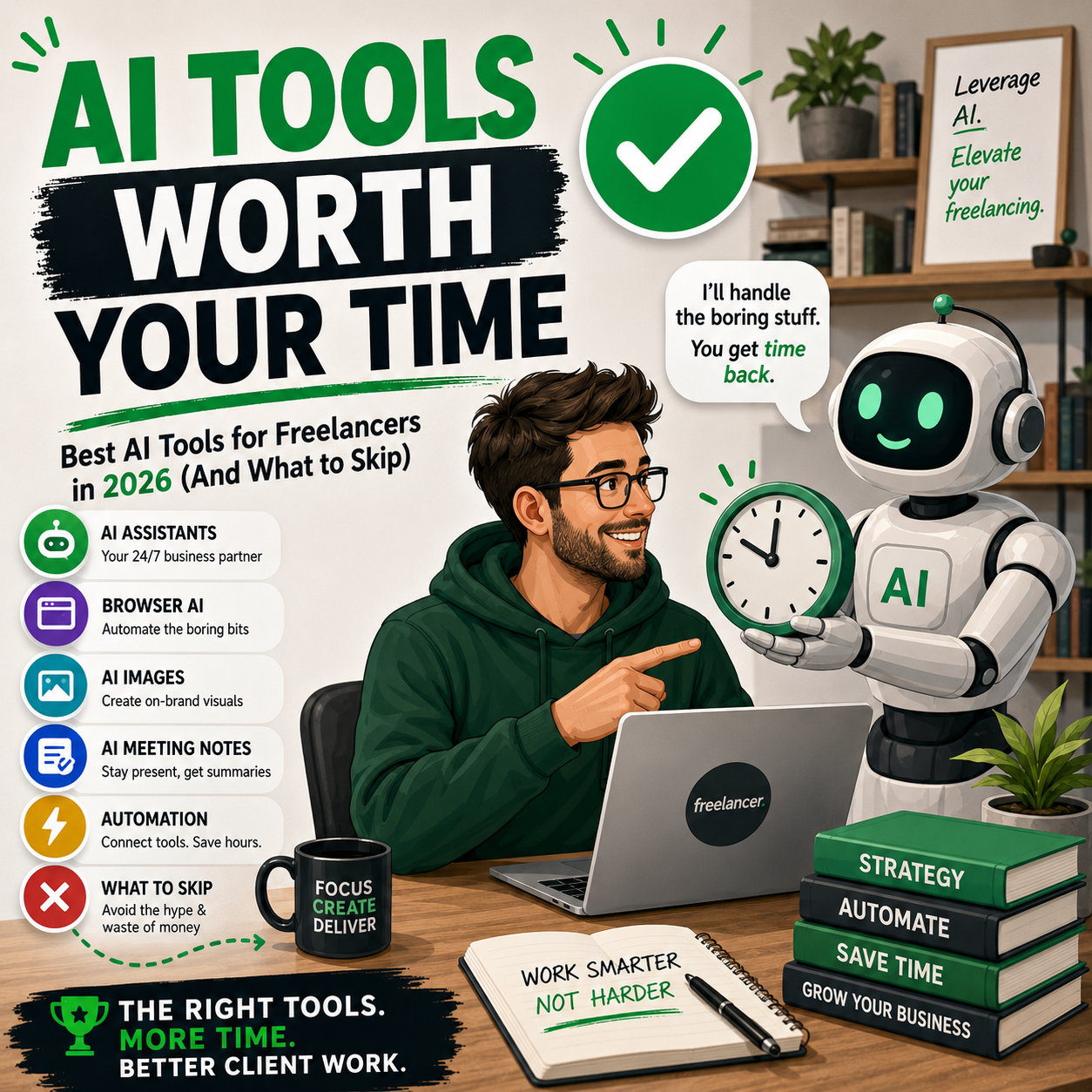 Illustration of a freelancer using AI tools to save time on client work.