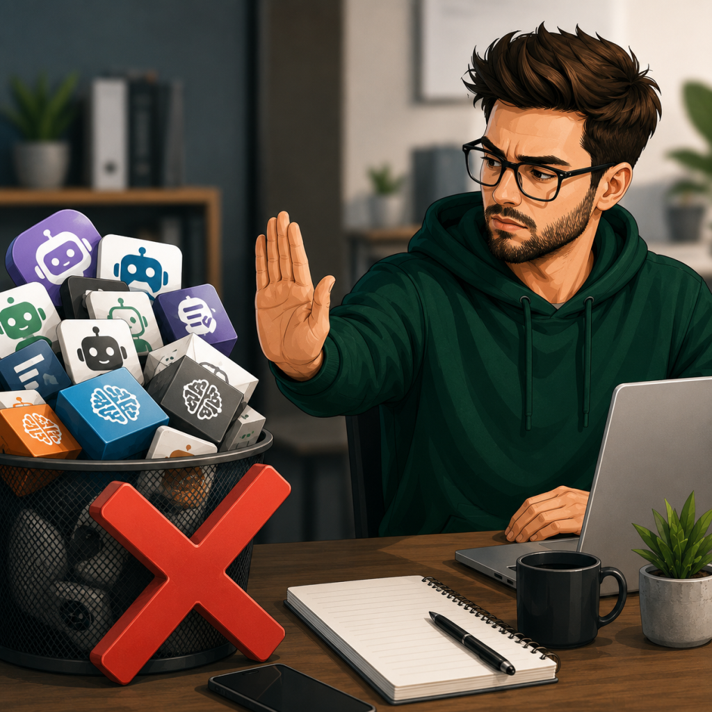 Illustration of a freelancer rejecting unnecessary AI tools to keep a simple, productive workflow.